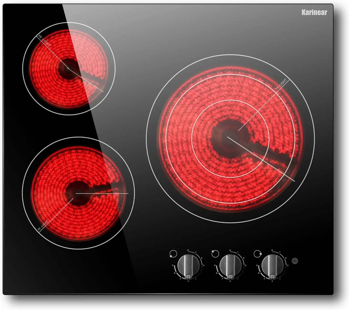 Karinear-built-in elétrica cerâmica Cooktop, fogão Top, botão de controle, Hot Warning, Over-Temperatur, 3 queimadores, 24 polegadas