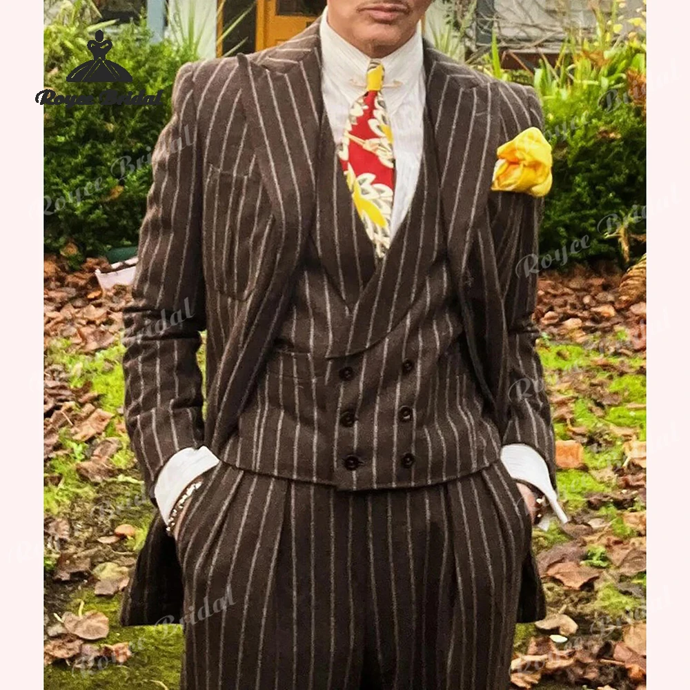 Notched Lapel Three Piece Single Breasted Wedding Men's Suits 2026 Brown Striped  Casual Prom Suits costume homme mariage