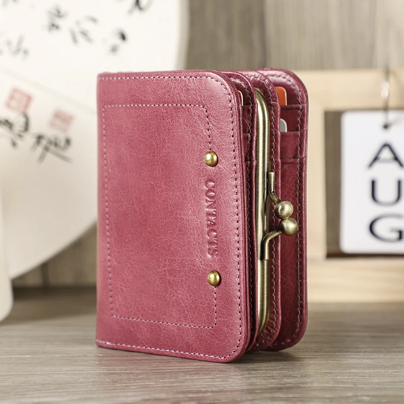 CONTACT'S Genuine Leather Short Wallets for Women Classic Kiss Lock Purse Metal Frame Design Card Holder Money Clip Coin Purse