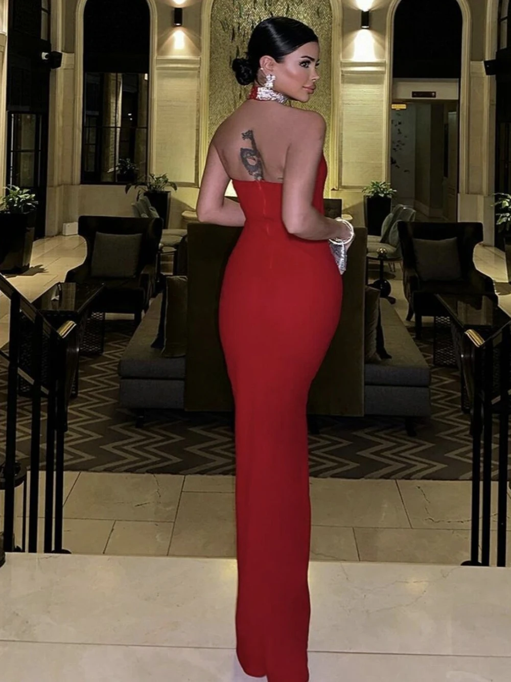 Ailigou 2024 New Summer Women'S Red Sexy Sleeveless Diamond Tight Drag Long Bandage Dress Elegant Celebrity Party Dress