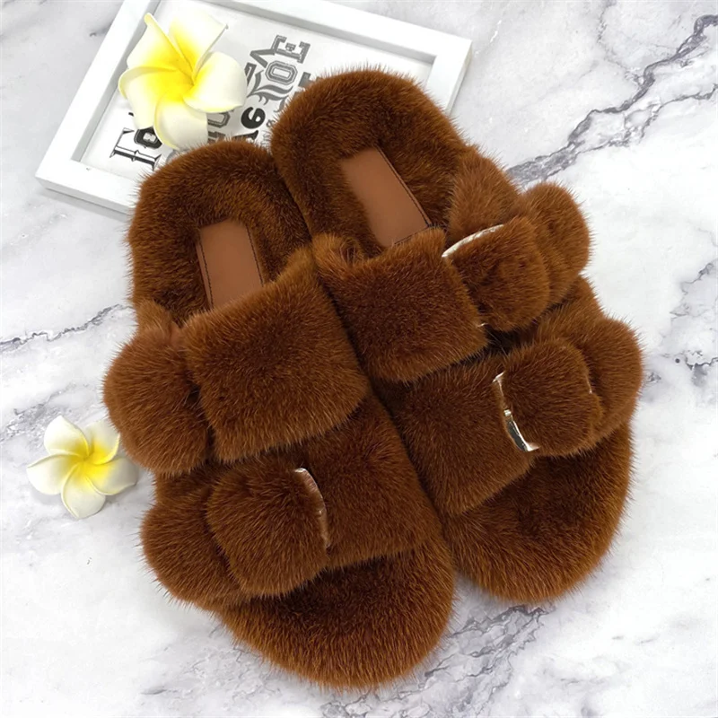 2024 Mink Fur Slippers Shoes For Women Flip Flops Real Fur Slippers For Home Women\'s Flats Slippers Women Fluffy Female Shoes