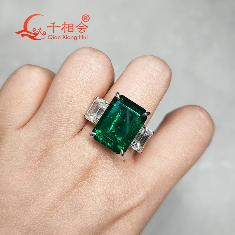 12x16mm Hydrothermal Created green Emerald S925 Silver Ring  with Baguette Moissanite Wedding Ring Jewelry