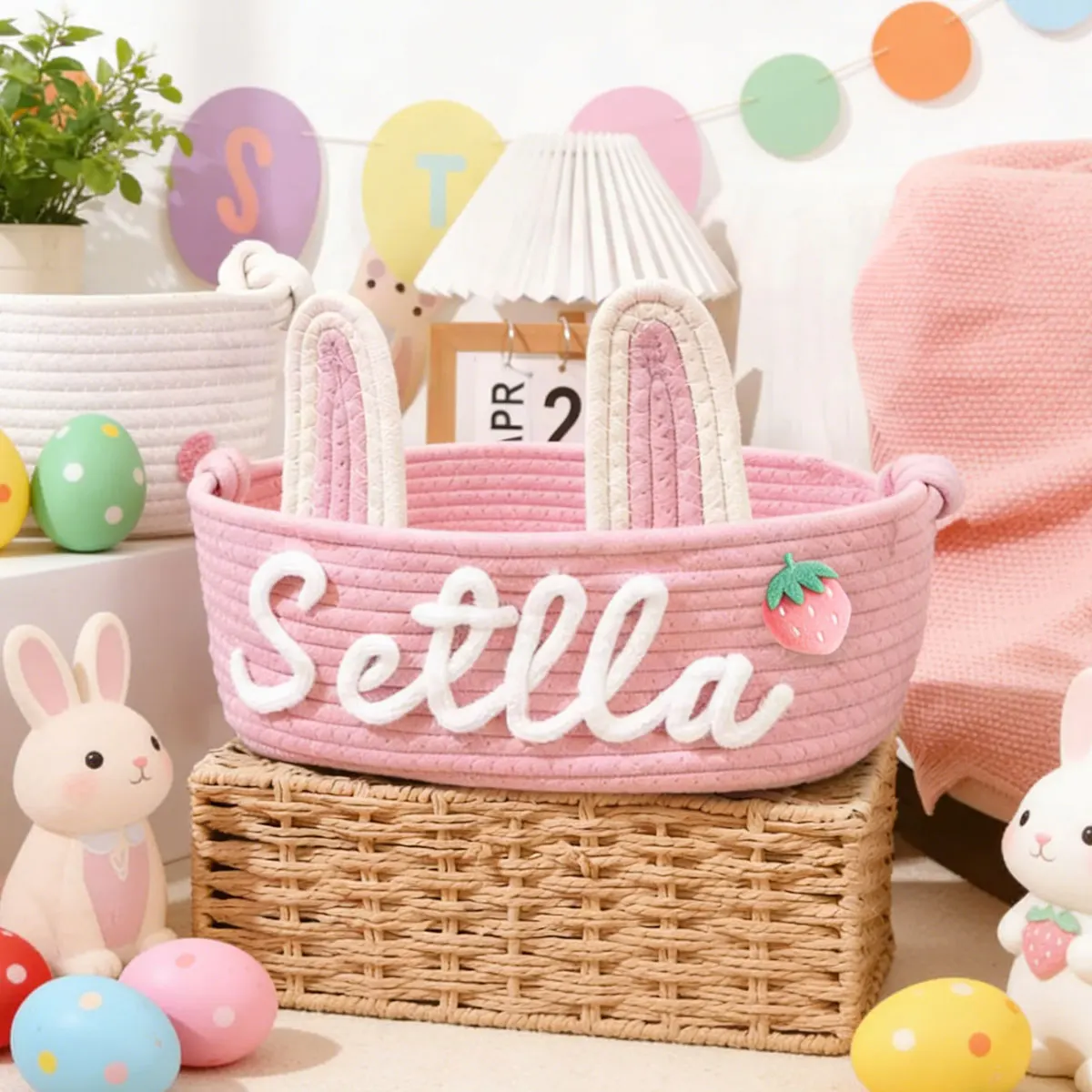 1pc personalized handmade oval storage basket, bunny ear gift basket/decorative basket, home decor item, Easter gift.