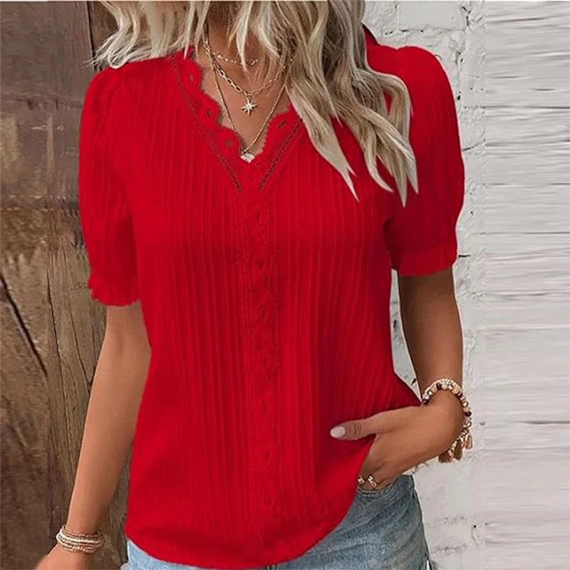 Summer V Neck Lace Stitching Patchwork Women Shirts Hollow Short Sleeve Pullover Top Office Elegant Top Office Lady Blouse