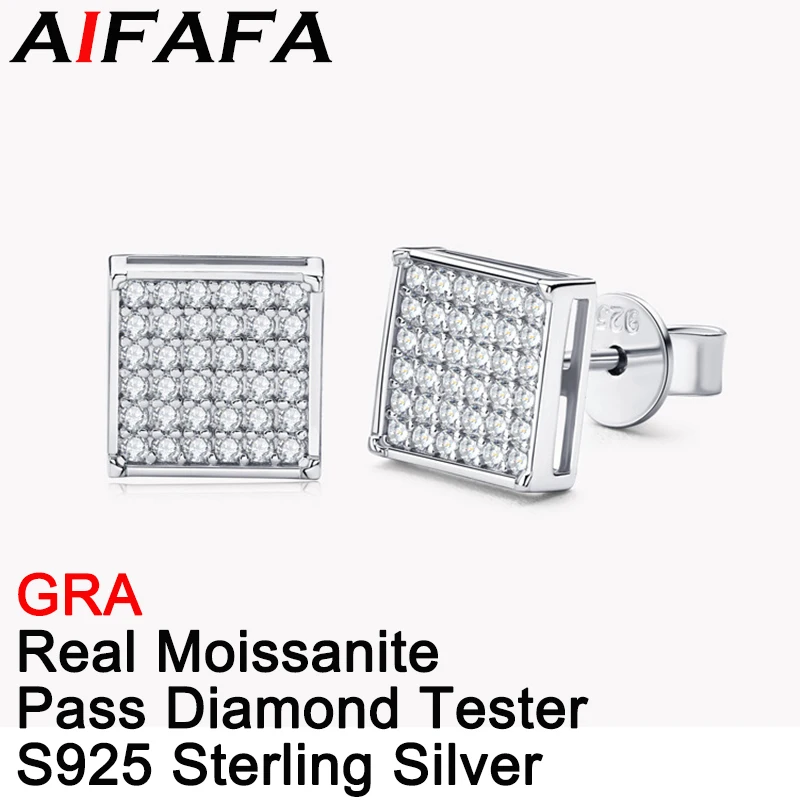 

AIFAFA Real Brilliant Moissanite Stud Earrings For Men Women Plating 18K White Gold Fully 925 Silver Ear Ring Fine Jewelry