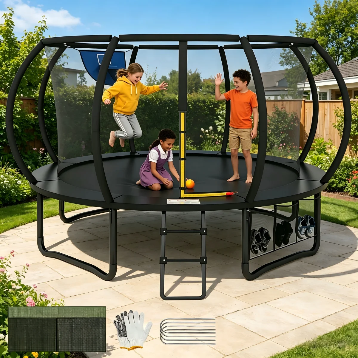 Trampoline Extérieur Ø 259/355/366 cm pour Enfants, avec Filet de Sécurité, Housse de Protection, Design Citrouille, Capacité de Charge 181 kg