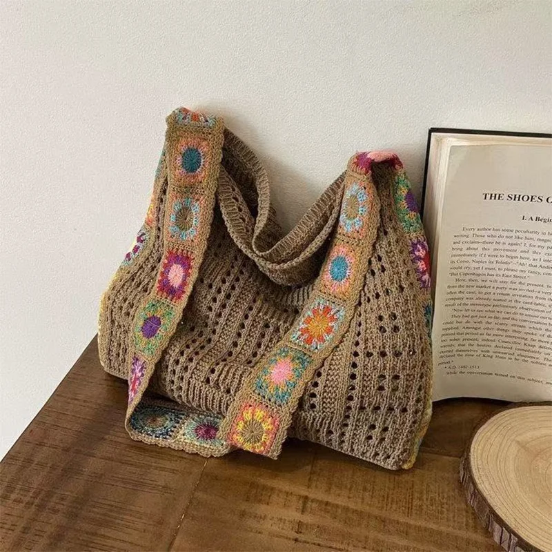 Crochet Patchwork Shoulder Bag Women Colorful Granny Square Tote Bag Handmade Bohemian Knitted Purse with Adjustable Strap