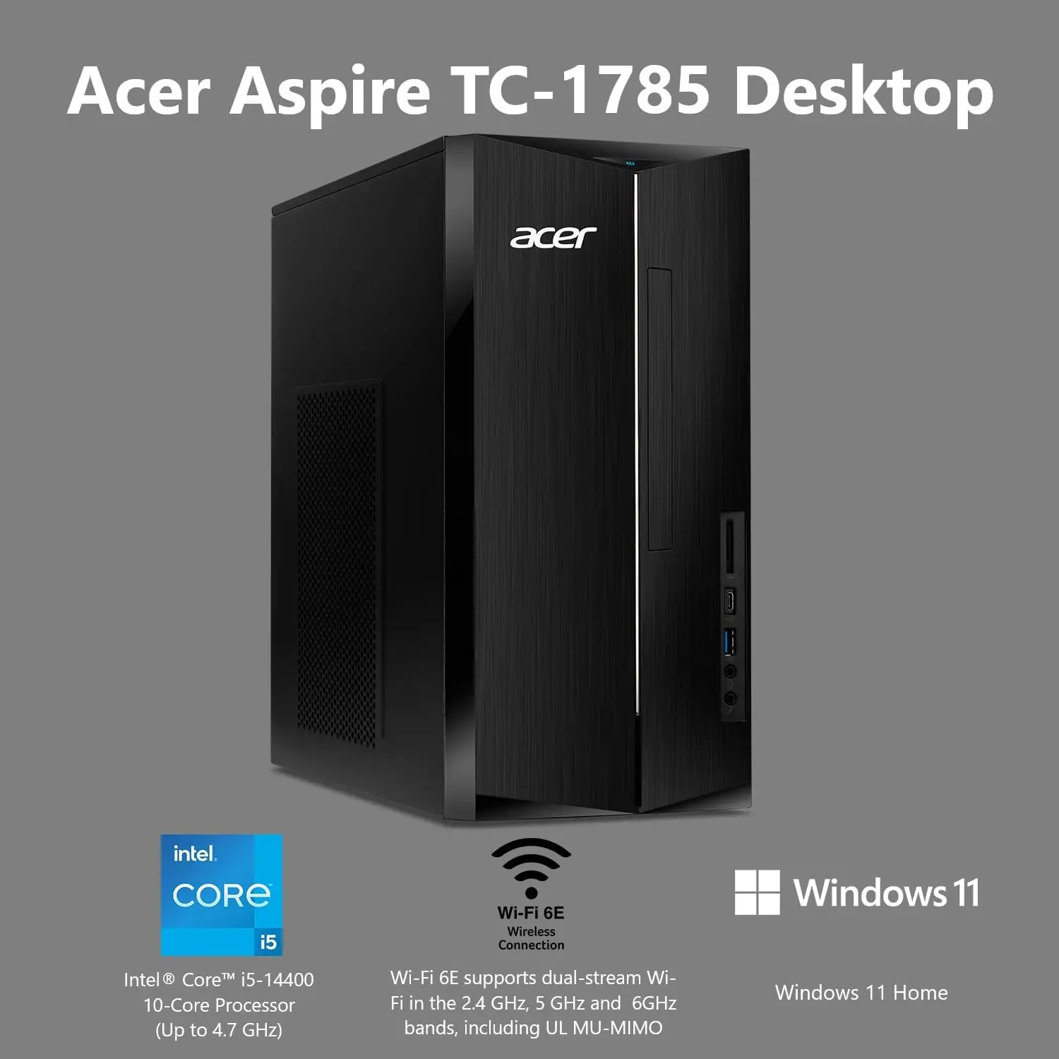 Acer Aspire TC-1785-UA92 Desktop | Intel Core i5-14400 10-Core Processor | 8GB DDR5-5600 Memory | 512GB PCIe 4.0 NVMe SSD | SD C