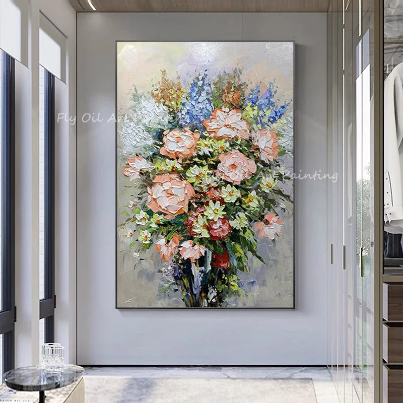 

Large Size 100% Handpainted colorful flower with vase classic landscape picture oil painting home decoration as a gift unframe