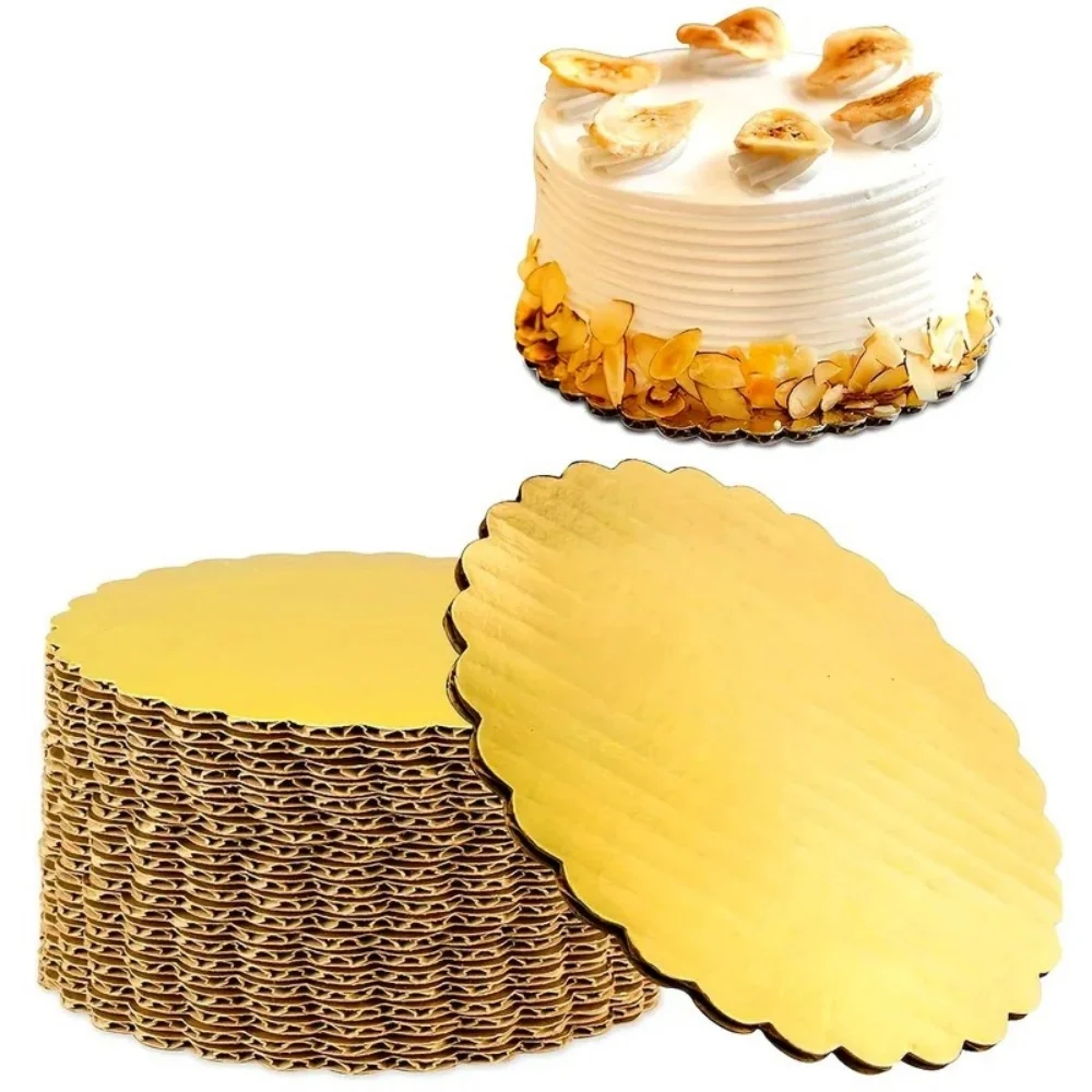 5pcs Cake Board 8/10inch Round Gold-Cardboard Cake Circle Plate Scallop Edge Grease Proof Cardboard Circles for Wedding Birthday