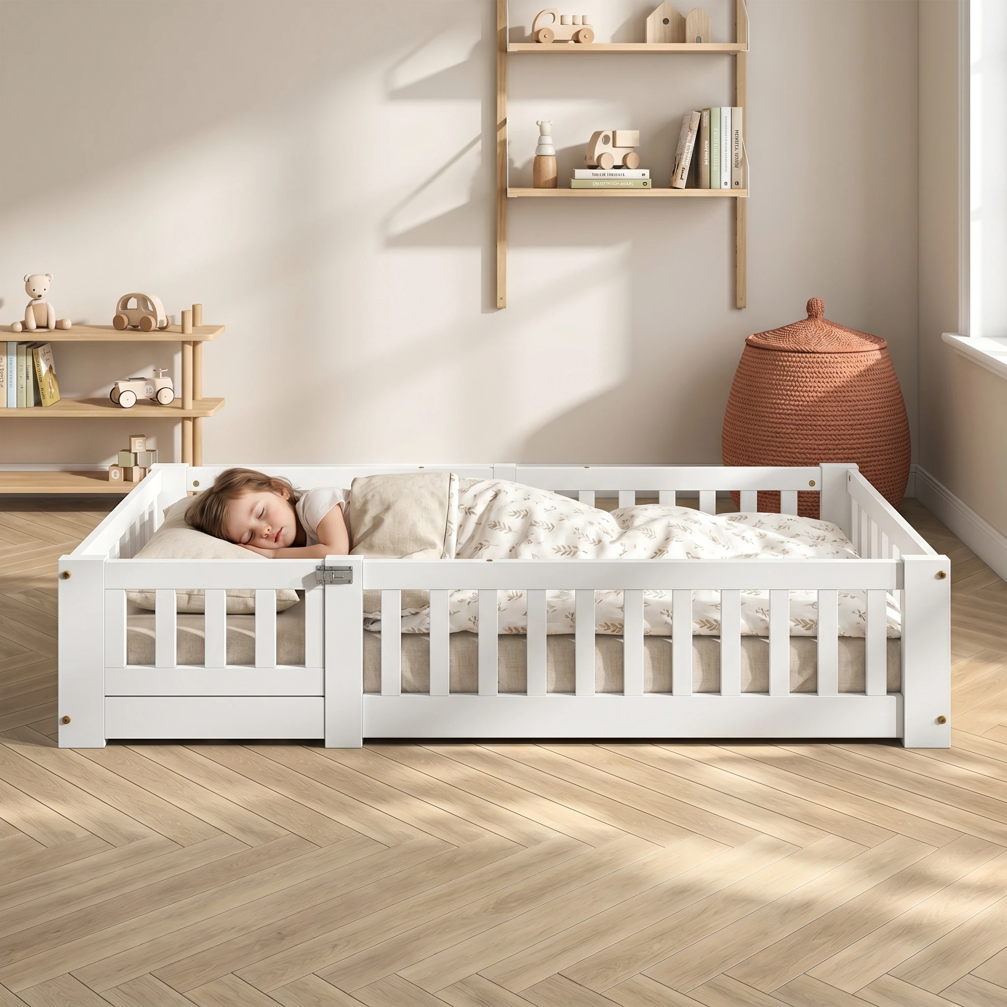 Cama de suelo para niños pequeños Superaly de 80x160 cm con barandillas, cama de suelo para niños de madera blanca con puerta extraíble, estructura de cama Montessori con listones, cama de seguridad baja para niños, sin colchón, perfecta para la habitación de niños pequeños, guardería, fácil montaje