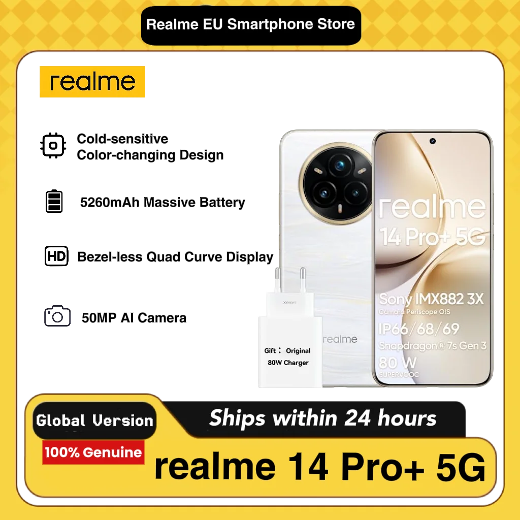 Smartfon Android realme 14 Pro+ 5G, 8+ 256 GB, kamera Sony IMX896 OIS, Qualcomm Snapdragon 7s Gen 3 5G, IP69, wyświetlacz 6,83 cala 120 Hz, bateria 5260 mAh, w zestawie ładowarka 80W