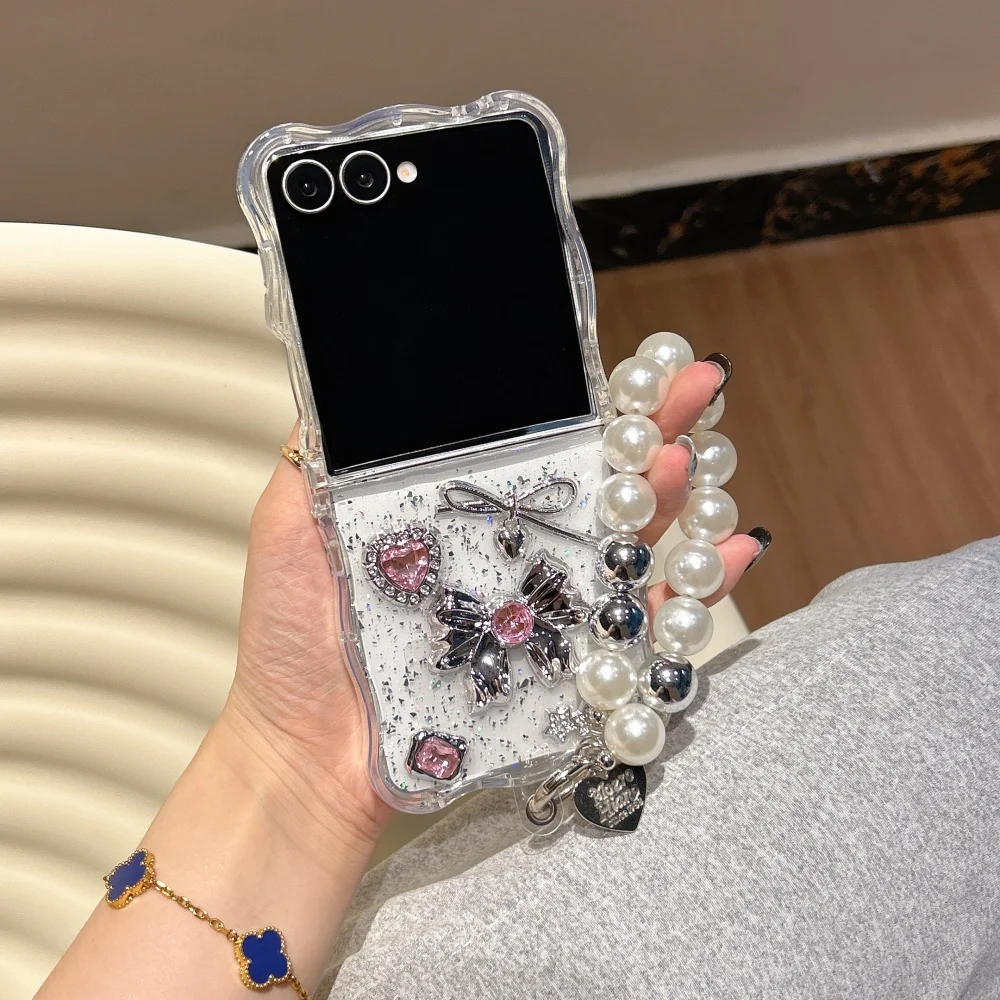 Lichte luxe roze diamanten strik telefoonhoesje, geschikt voor Samsung Z Flip3 4/5/6/7 Pro Max, Korea INS nieuwe schokbestendige beschermhoes