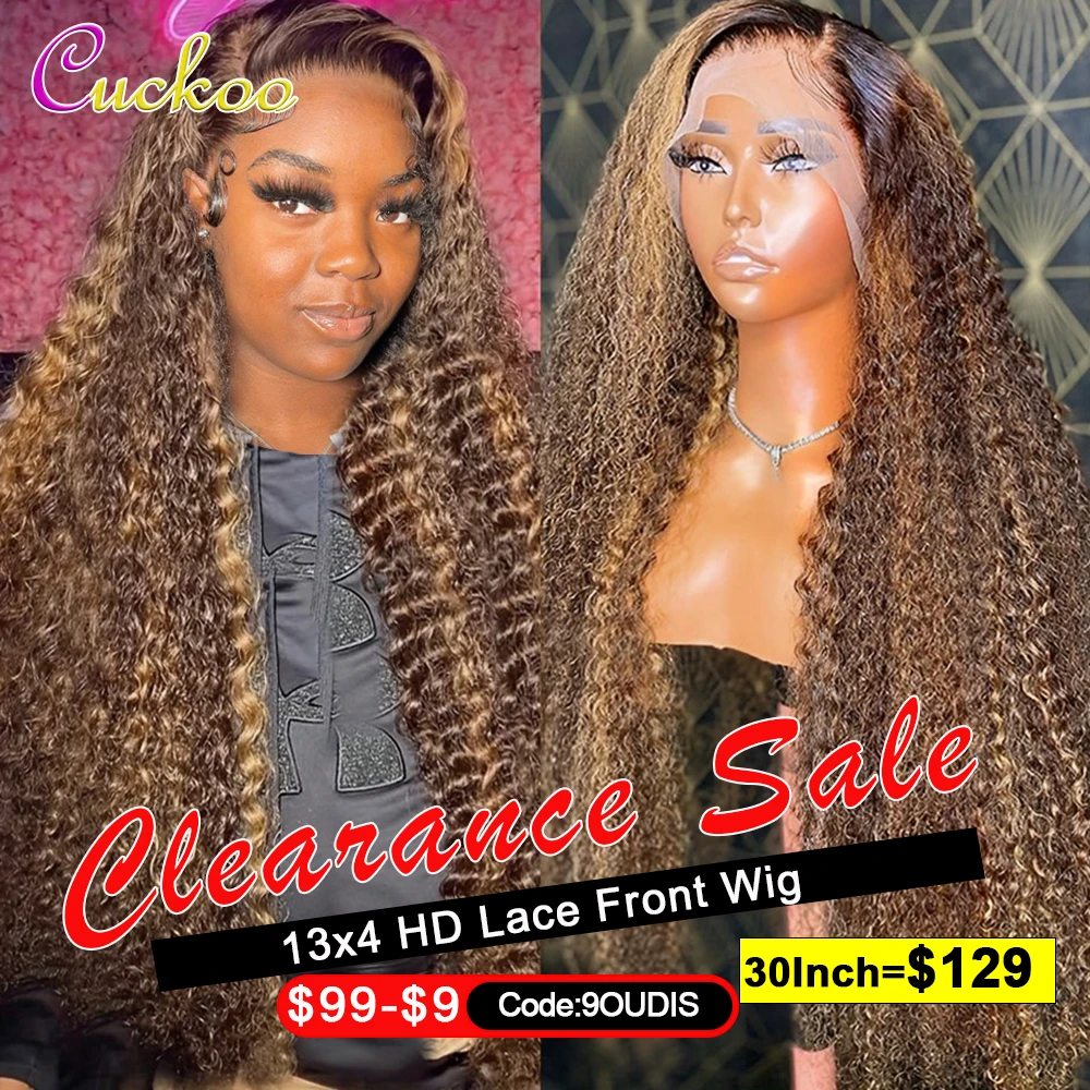 Peruca de cabelo humano encaracolado profundo Glueless, HD Lace Frontal Wig, Honey Blonde Destaque Encerramento Peruca, 13x4 Lace Front Perucas, 4x4