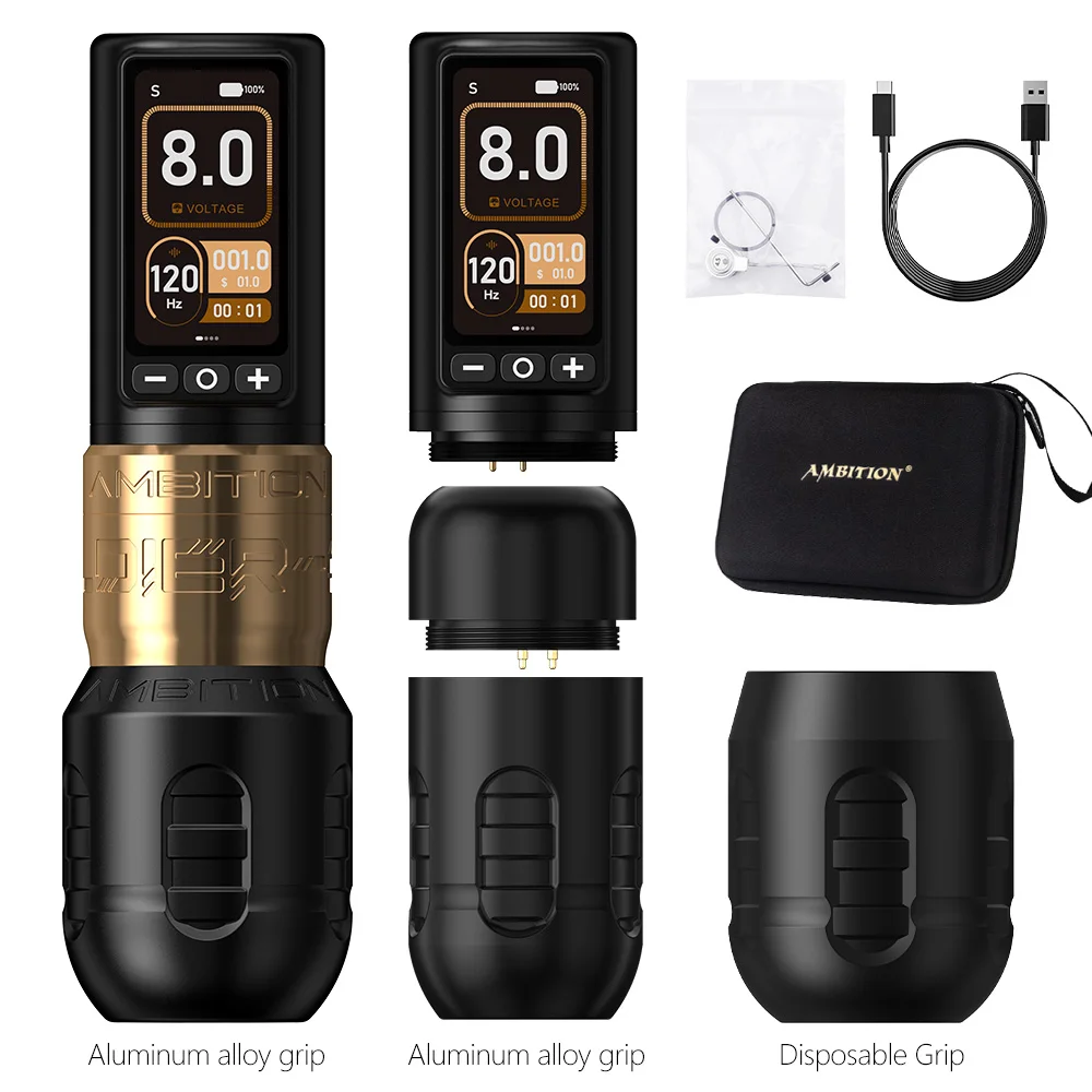 Ambitie Soldaat 270 Draadloze Tattoo Machine 4.0mm + 4.5mm Slag Borstelloze Motor Pen Professionele 2400mAh Batterij grip 34 + 42mm