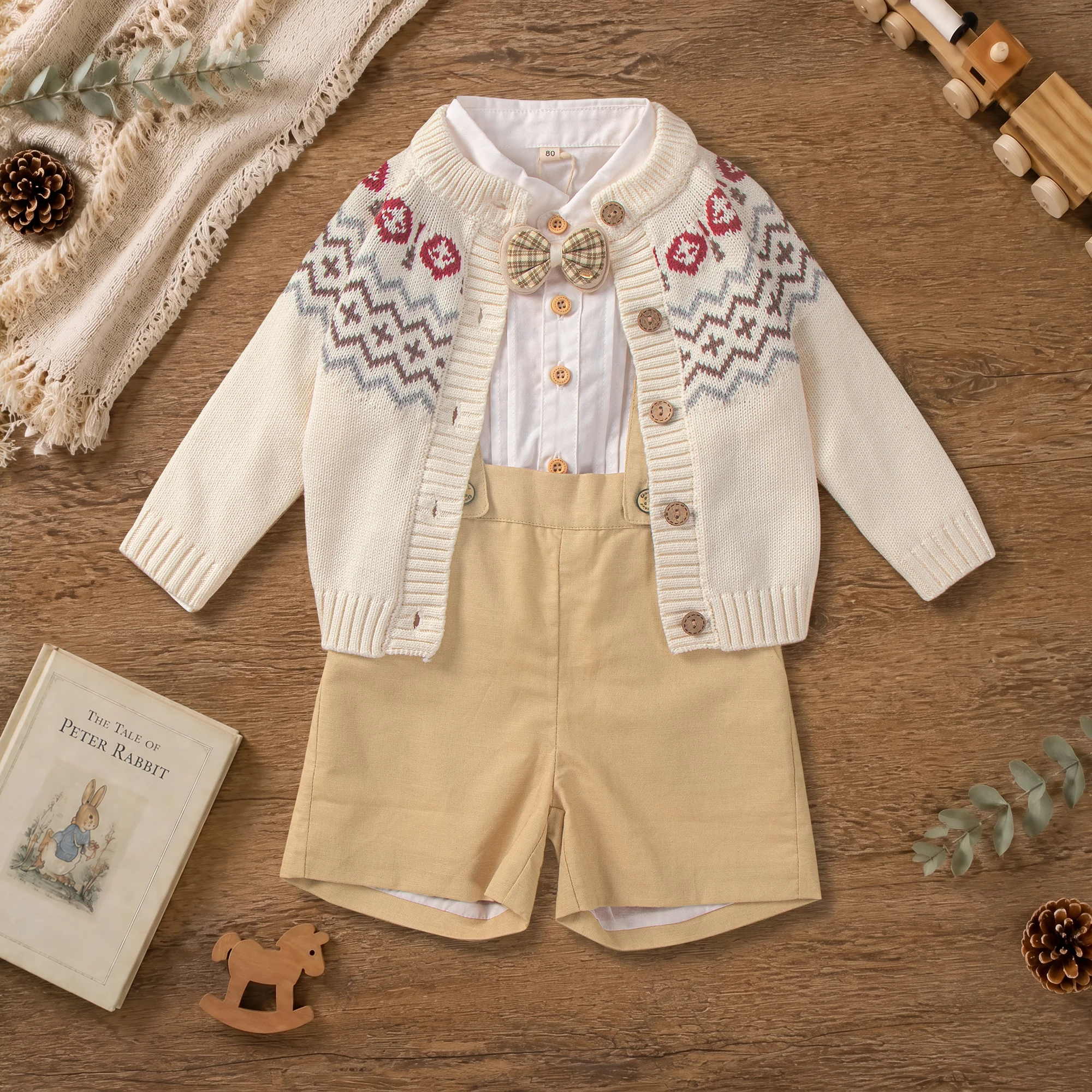 Spanisches Vintage-Kleidungsset für Babys, Jungen, Langarm-Strickjacke, Overall, Shorts, Outfit, Hochzeitsanzug für Kleinkinder, 1-4 Jahre – Detail 5