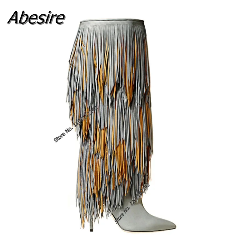 Ladies Long Fringe Tall Boots Pointed Toe High Heel Colorful Pattern Boots Party Prom Fashion Boots Gladiator T-Stage Show