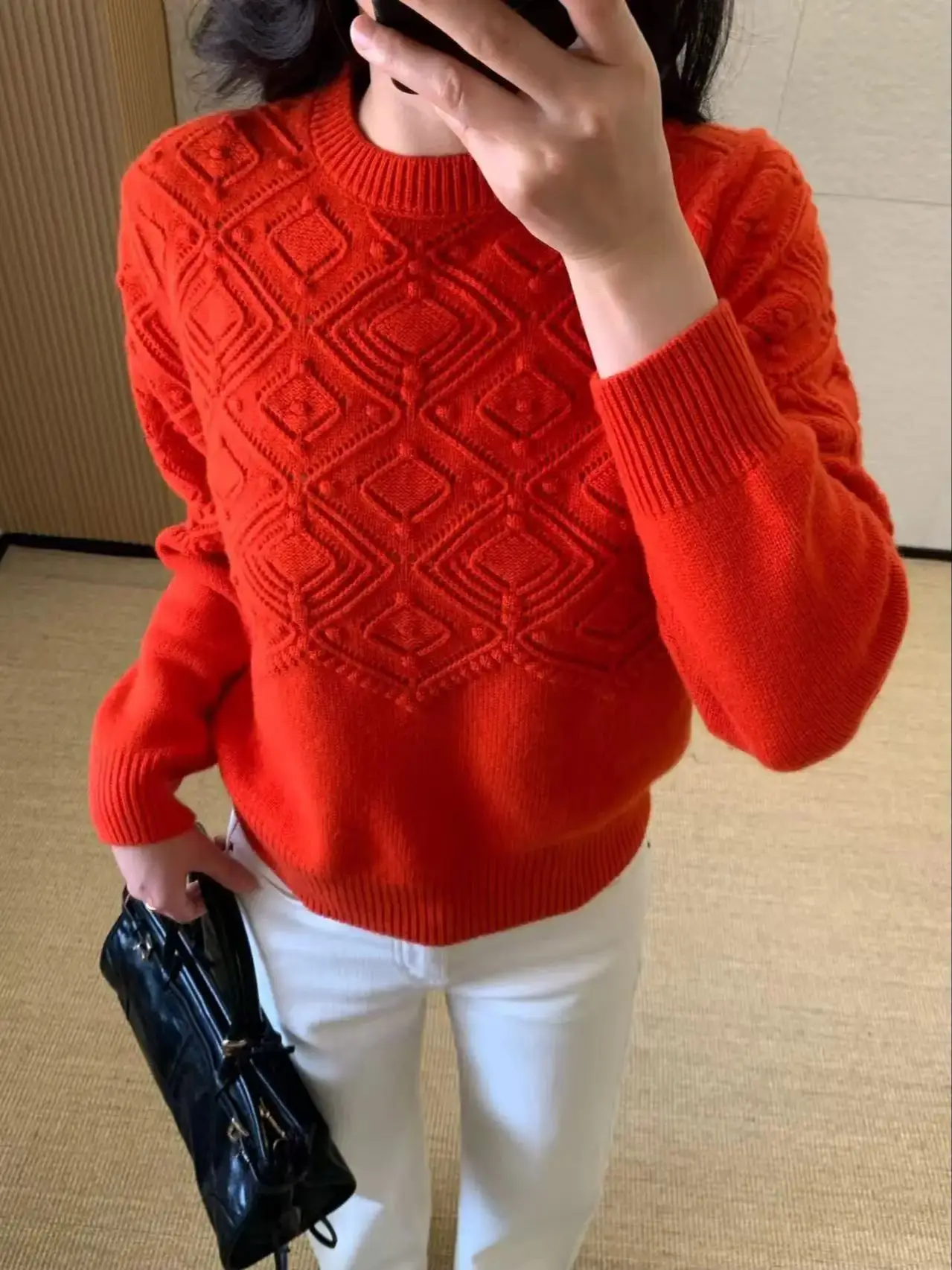 Suéter de punto de cachemira y lana jacquard 3D con cuello redondo para mujer de invierno