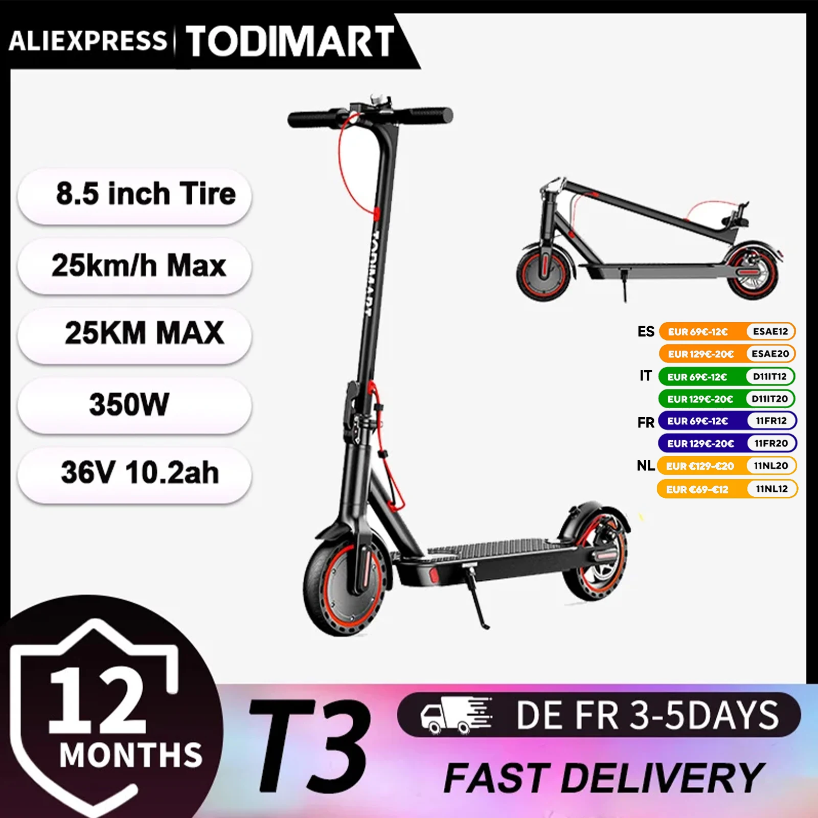 TODIMART T3 سكوتر كهربائي محمول قابل للطي مع التحكم عبر محرك التطبيق 350 وات 36 فولت 7.8 أمبير سرعة 25 كم/ساعة الإطارات #1