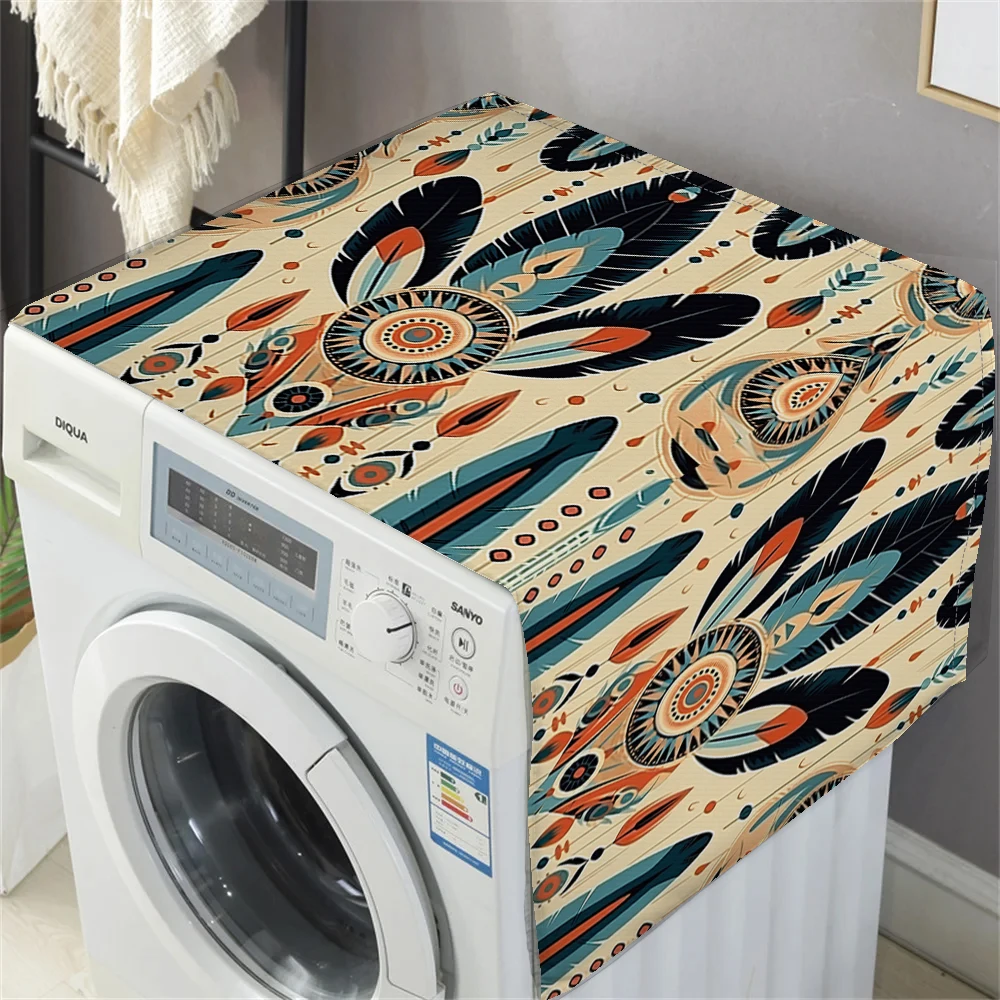 Colourful Ethnic Feathers Boho Dust Cover Washing Machine Dust Mat Design Refrigerator Protective Pad Household Home Supplies