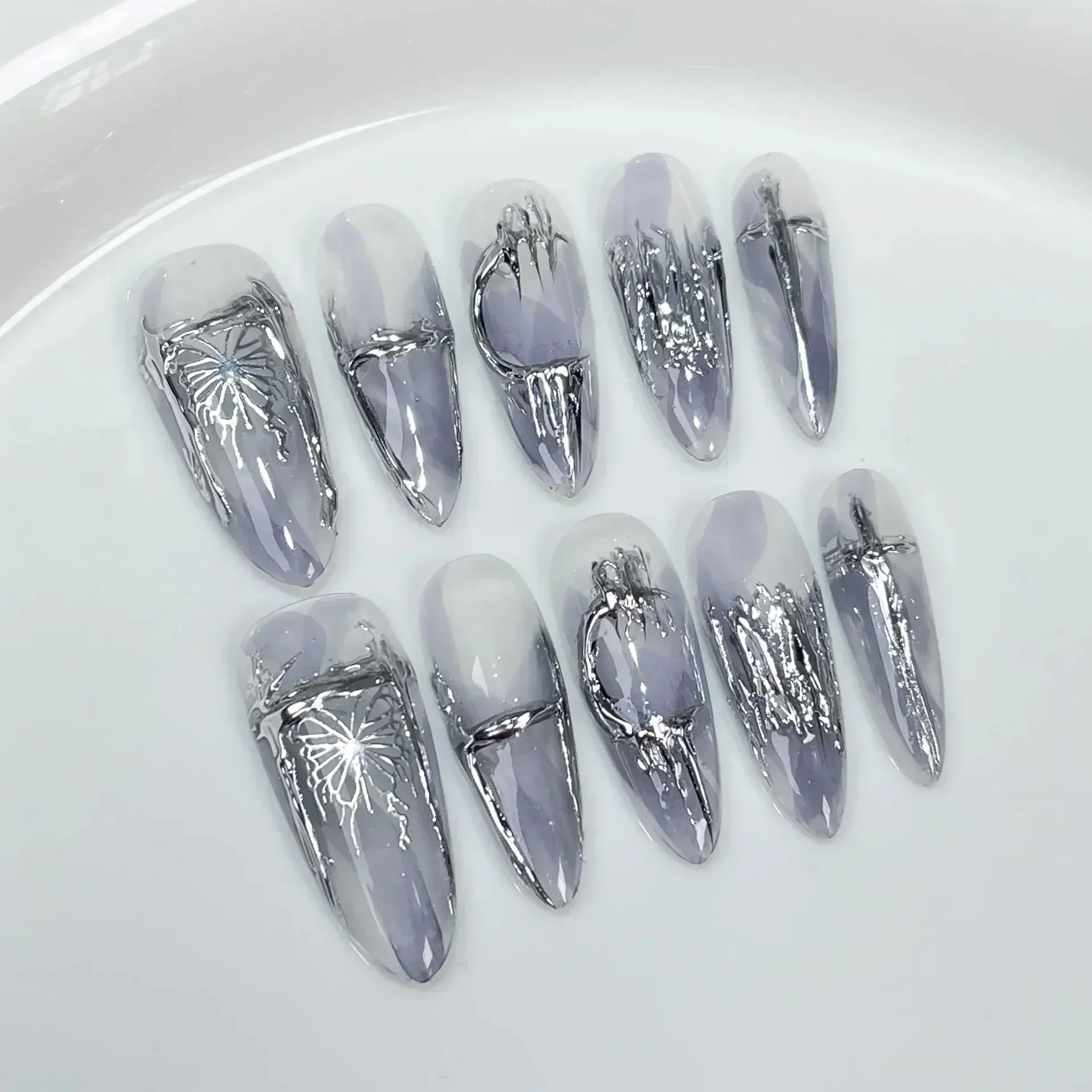 10Pcs Długie migdałowe ręcznie robione naciśnij na paznokcie Motyl Sztuczne paznokcie do noszenia Sztuczne paznokcie Накладные ногти Uñas Postizas — zdjęcie 2