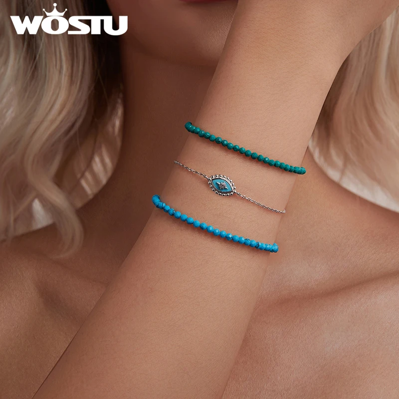 WOSTU 925 Sterling Silver Synthetic Blue Green Turquoise Bracelet For Women Girl Birthday Party Daily Gift Fine Jewelry FNB204