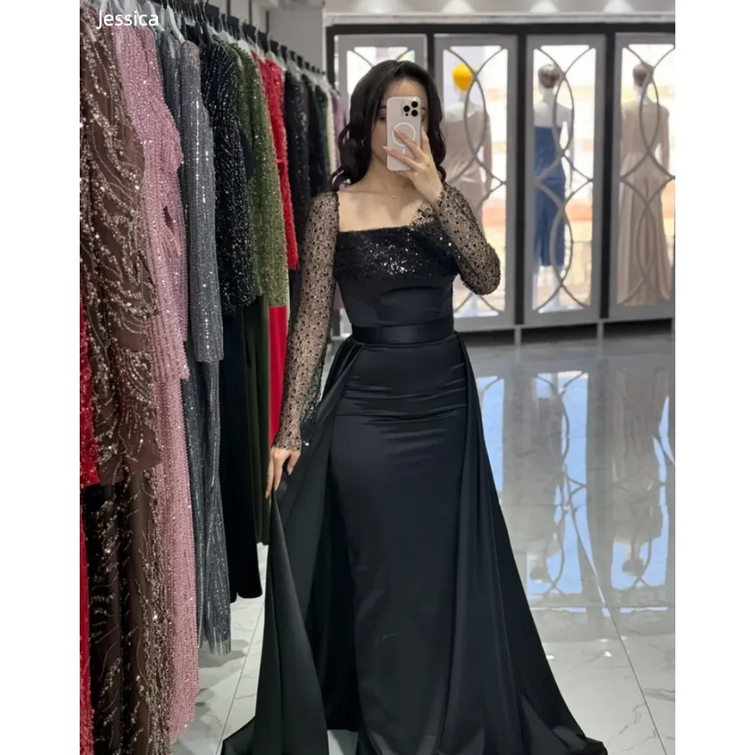 ジェシカ レース グリッター スパンコール イブニングドレス ブラック サテン プロムドレス エレガント レディース フォーマル オケージョン パーティードレス