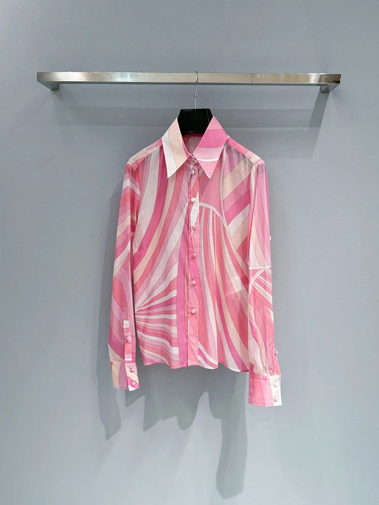 

Новая женская модная универсальная элегантная простая рубашка с воротником-стойкой из шелка с принтом и длинными рукавами для весны и лета