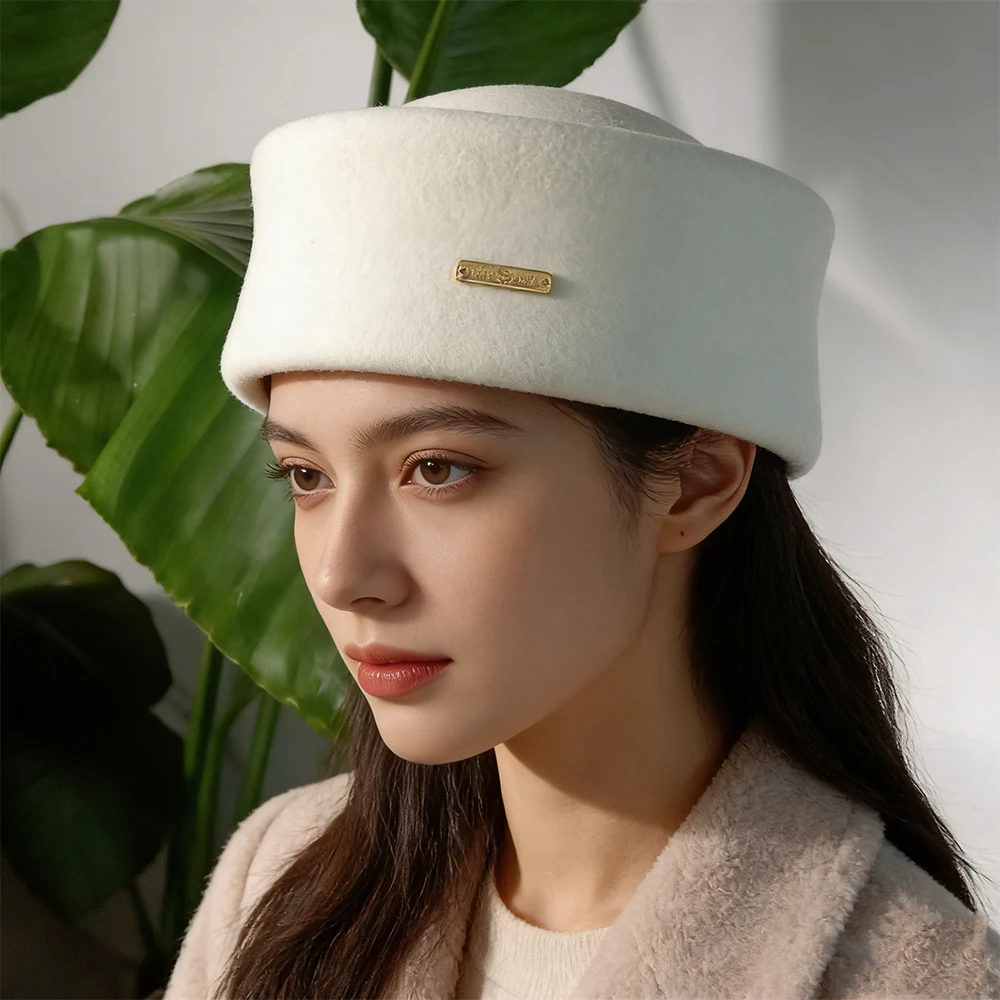 

Autumnand Winter High Quality Wool BeretBritishRetroPillbox Hat Women French Elegant FedorasSailor Hat Captain hats luxury woman