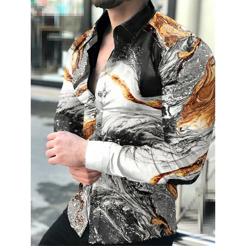 Fashion Luxury Party Evening Dress Shirts Lapel Button Down Shirts Casual Printed Newspaper Text Art Men\'s Top Shirts