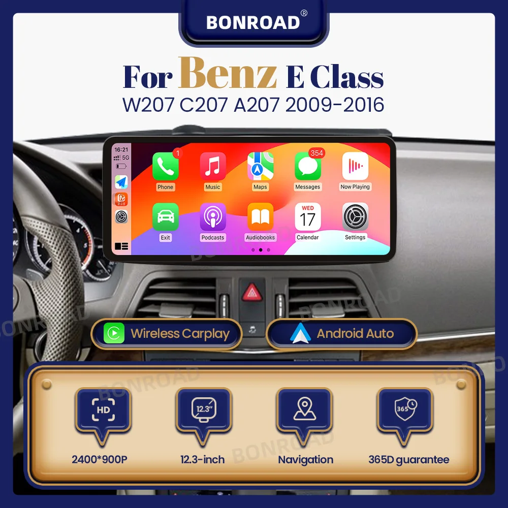 Autoradio sans fil BONROAD CarPlay pour Mercedes Benz Classe E C207 W207 A207 2009-2016 Android Auto Écran tactile Multimédia