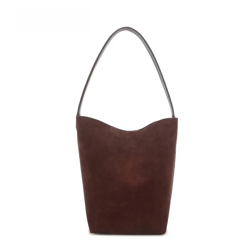 Donna-in Suede Tote Bag Genuine Cow Leather Casual Shoulder Bucket Bags for Women Middle Size 27cm Coffee — zdjęcie 2