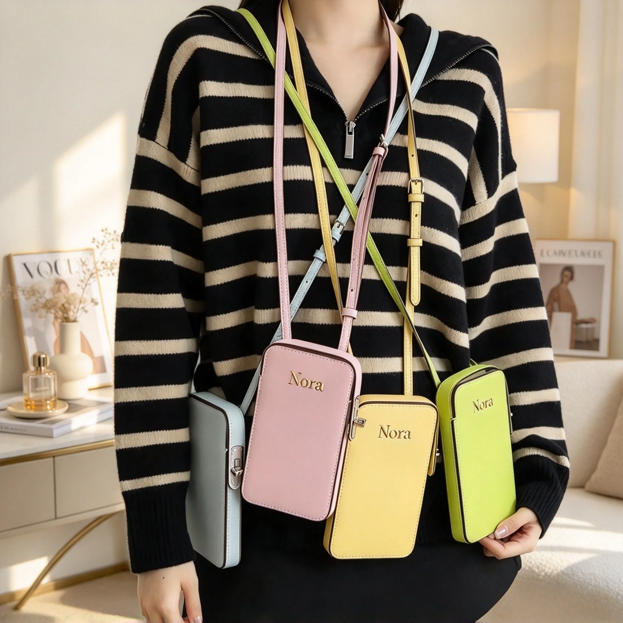 Elegant Style Phone Bag Woman Portable Genuine Leather Sling Bag Custom Name Fashion Casual Lady Shoulder Bag Card Wallet
