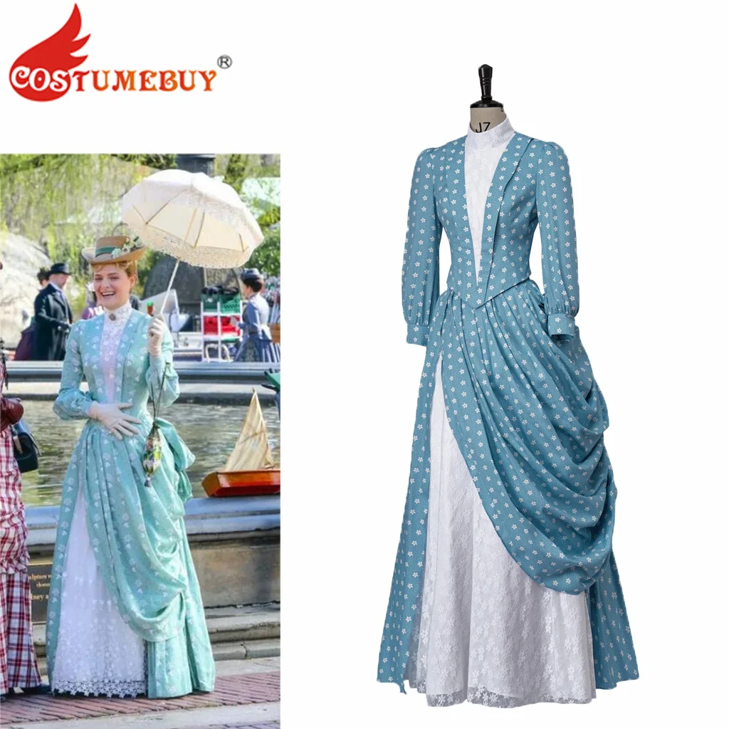 

CostumeBuy The Gilded Age Marian Brook Cosplay Costume Dress Women Vintage Victorian Blue Bustle Gown Dress Halloween Suit