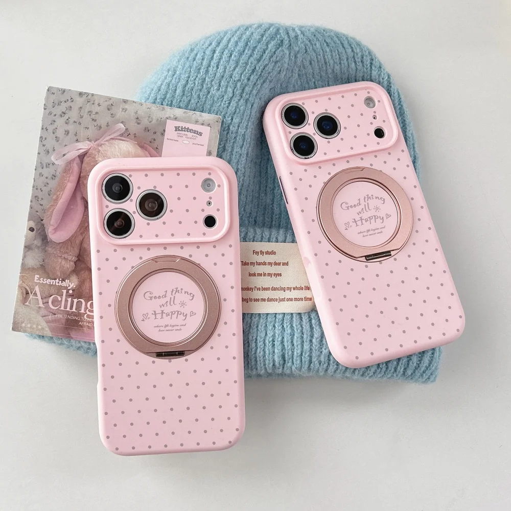 

Fashion pink cute polka dot holder phone case for iPhone 17 16 ProMax 14 15 Pro fundas Korean INS new shockproof protective case