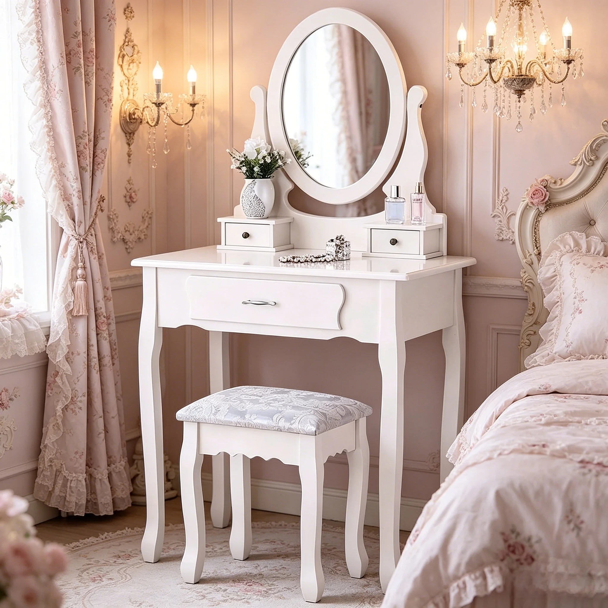 Coiffeuse blanche, dimensions : 75*40*136cm, avec miroir rotatif, tabouret et 3 tiroirs, adaptée à la chambre