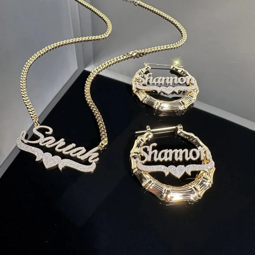 

LeeChee Silver Sticker Custom Name Bamboo Hoop Necklace Jewelry Set For Women