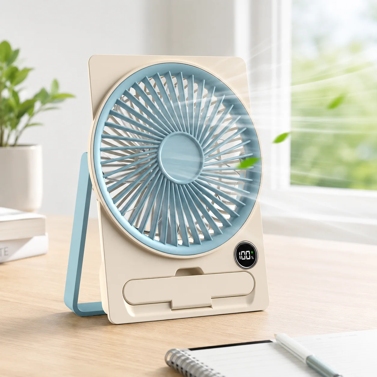 Portable Desktop Fan   Rechargeable Card FanLED Display ,100 Speeds Ultra+ 【Level 1 Natural Breeze】 -Quiet Brushless Motor, Emergency Power Bank Function, Small Personal Cooling Fan for Office, Travel, Home