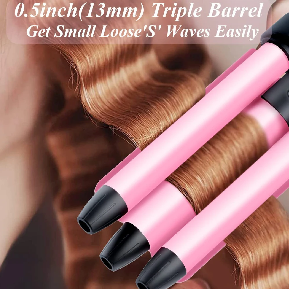 RUCHA Mini Three Barrel Hair Curler Iron Curling Wand 13mm for Home and Travel Ceramic Tourmaline Hair Waves Curls