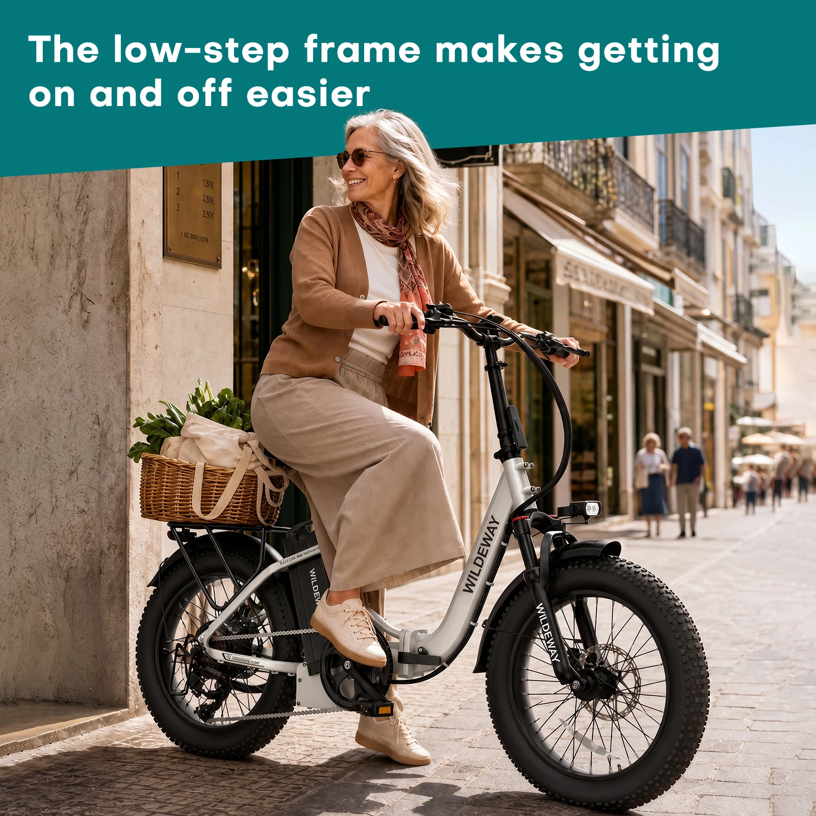 Bicicleta eléctrica Wildeway con batería de gran capacidad de 1680 Wh, 48 V, 35 Ah, 250 W, autonomía de 200 km, neumáticos anchos de 20 x 3,0, frenos de disco hidráulicos y diseño plegable.