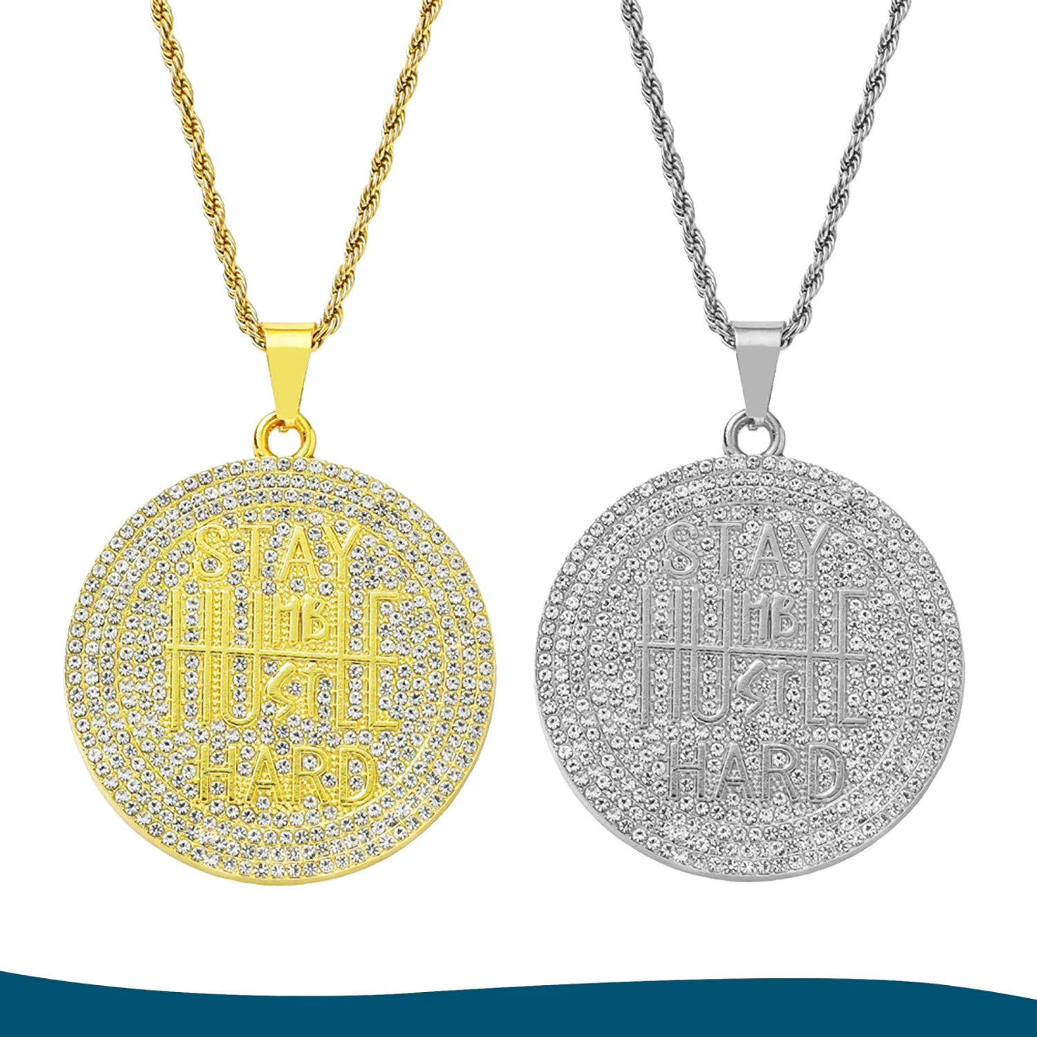 

Hippie Punk Round Tag Glitter Necklace, Engraved Stay Humble Cubic Pendant Necklace, Men Casual Leisure Fashion Jewelry