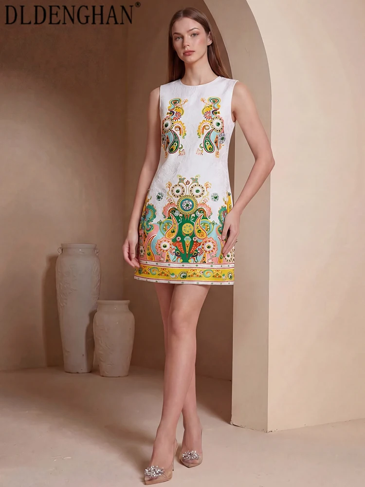 

DLDENGHAN Женские мини-платья с круглым вырезом, без рукавов, с принтом и декоративными пуговицами, летние, классического стиля