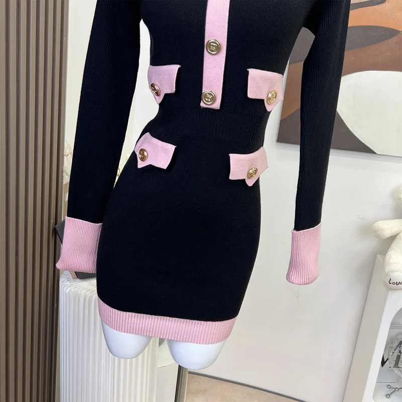 French Style Elegant Long Sleeve Patchwork Dresses 2023 Women Vintage Midi Classic Knitted Dress