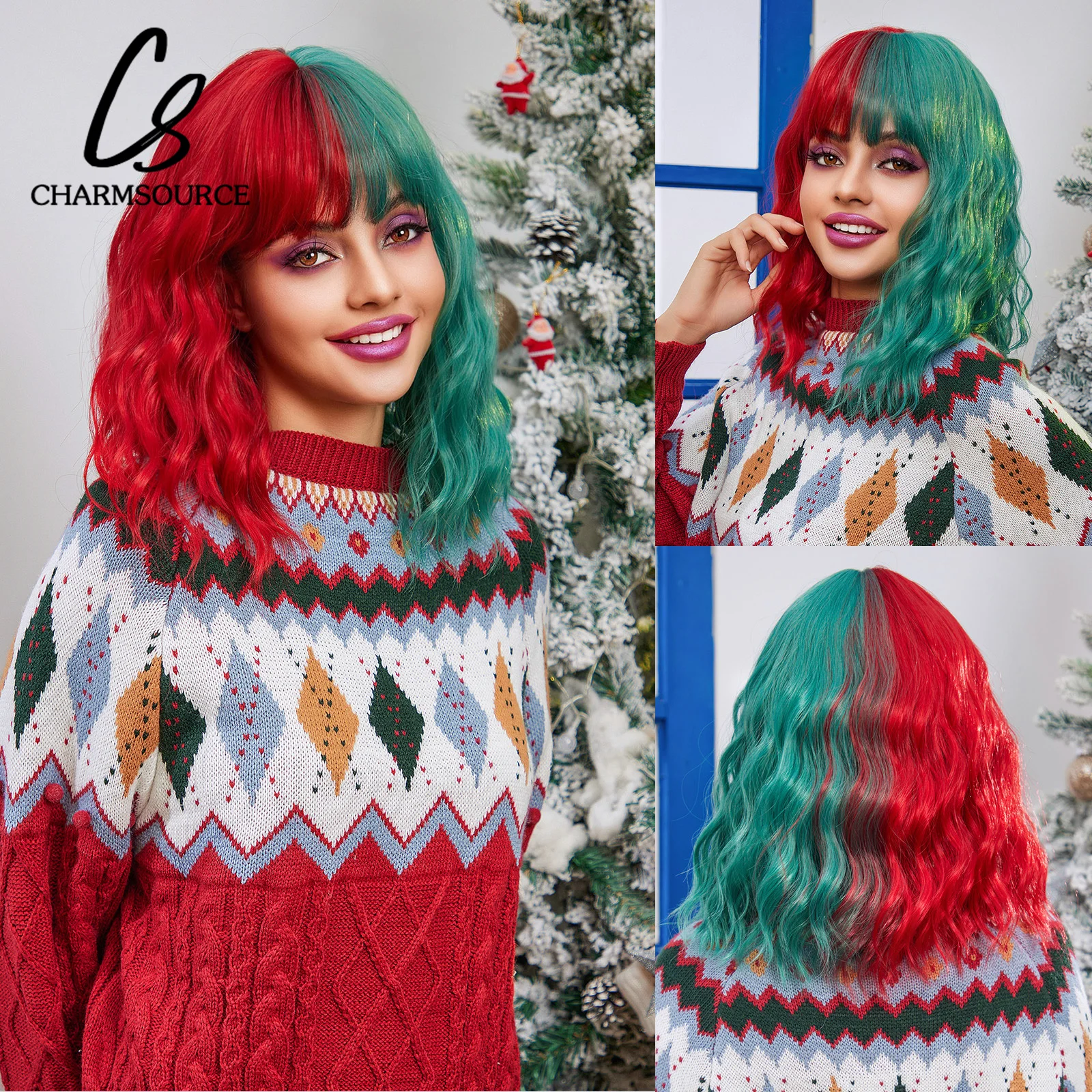 

CharmSource Short Bob Wig Red and Green Wigs with Bangs Synthetic Wigs High Quality Free Shipping Women's Dress Original Cosplay