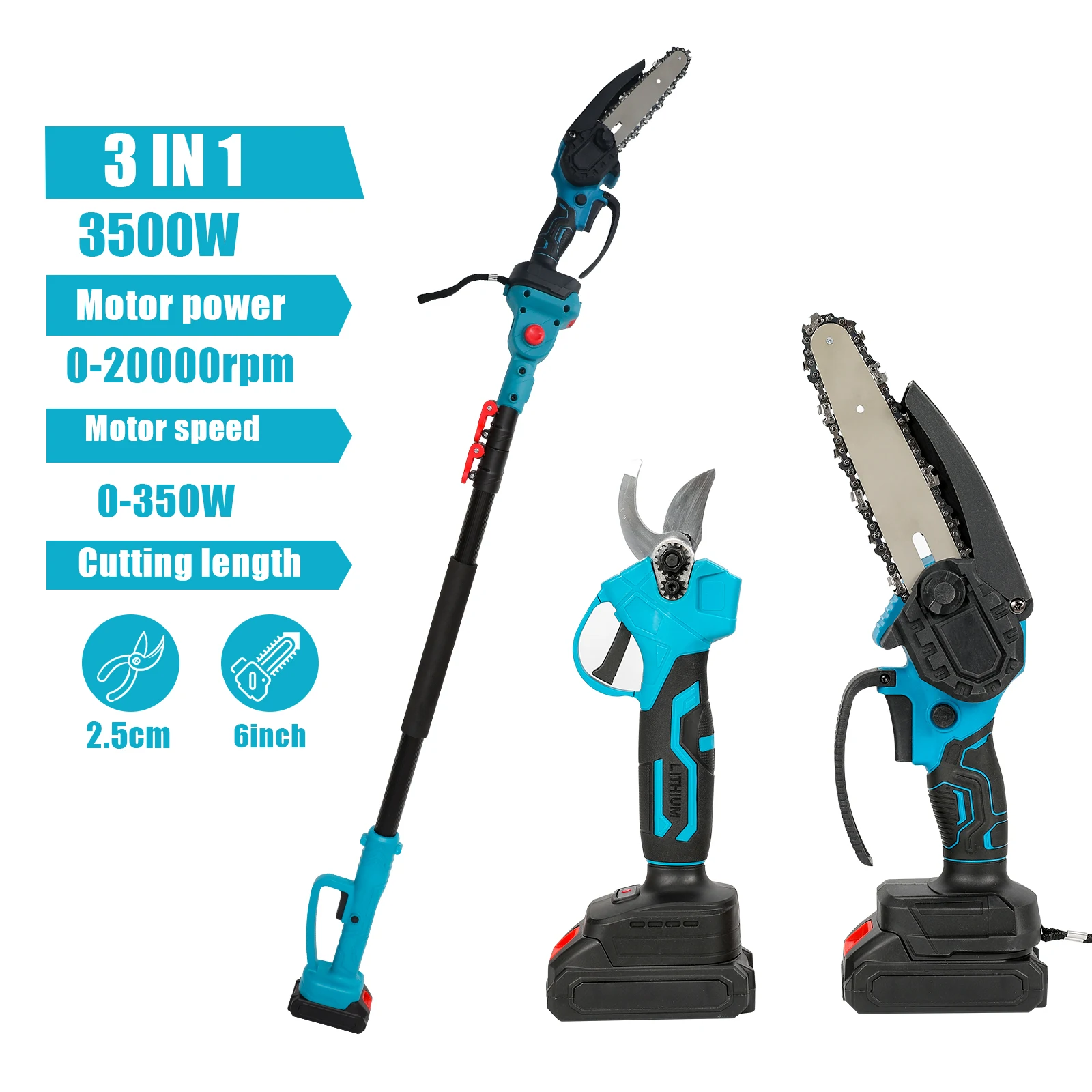 Outil électrique 3-en-1 sans balais : Scie à chaîne télescopique, Ciseaux et Outil de taille d'arbres pour batterie Makita 18V