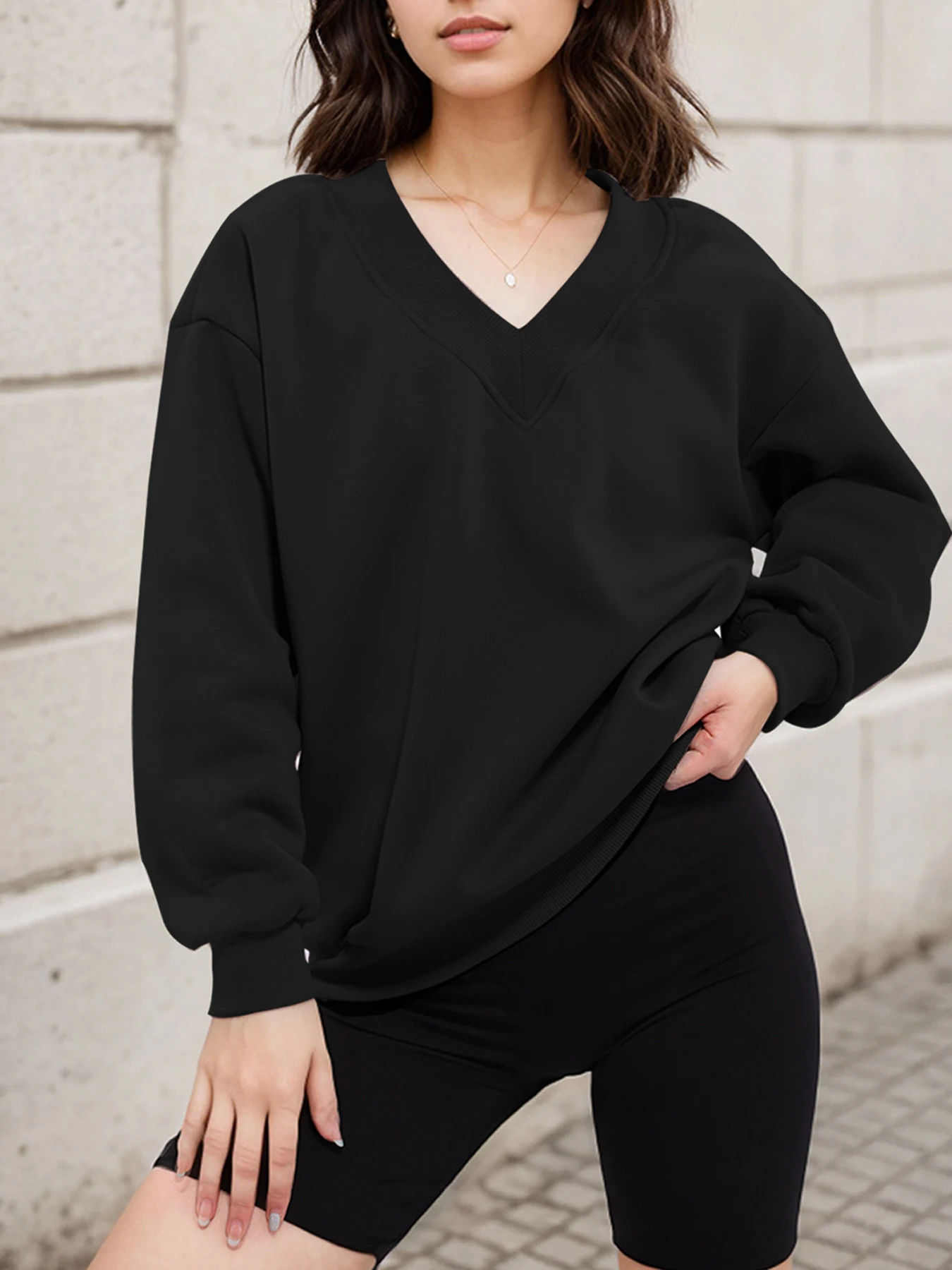 Women's threaded V-neck shoulder sweatshirt