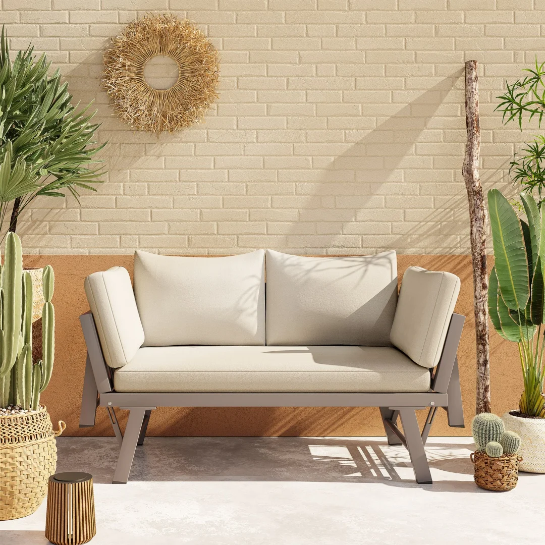 Ensemble de meubles de jardin, canapé d'extérieur, canapé 2 places, canapé de jardin avec fonction de relaxation, chaise longue de jardin avec coussins et dossier rabattable