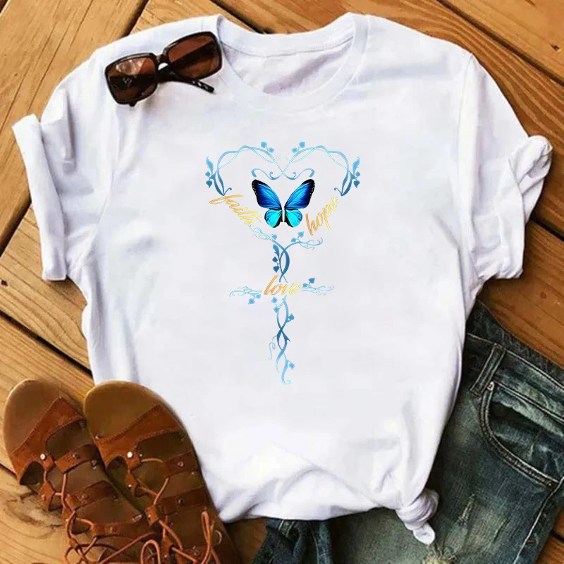 Faith Love Hope Letter T-Shirt Print Butterfly Women's Harajuku Fashion Y2K Short Sleeve Tee Female Casual Tshirt Clothing S-218