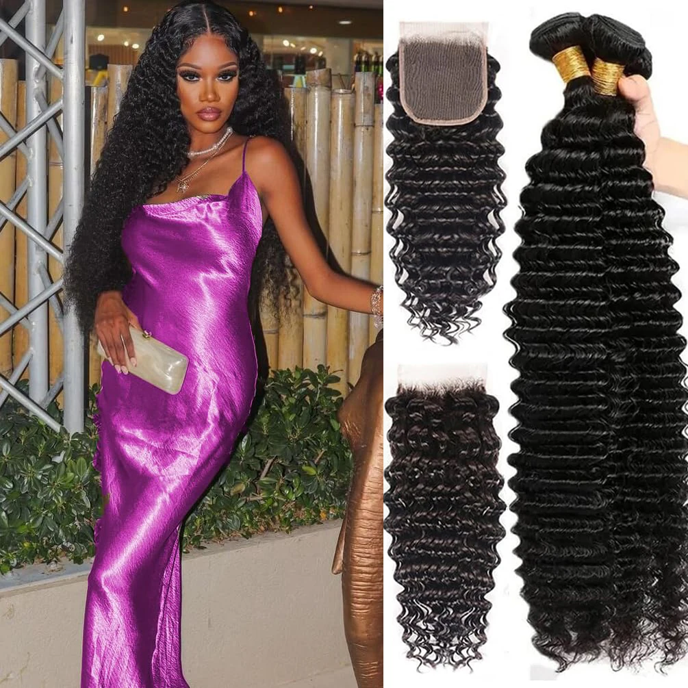 Bundles brésiliens de cheveux humains Deep Wave avec fermeture, cheveux vierges, tissage de cheveux humains, fermeture à lacet HD 4x4, document naturel 1B, 3 faisceaux