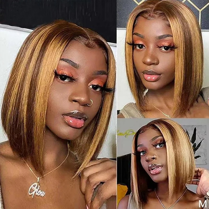 200 Density Bone Straight Bob Wig Highlight Brazilian Human Hair 13x4 Lace Front Wig Transparent Lace Frontal Wig for Women